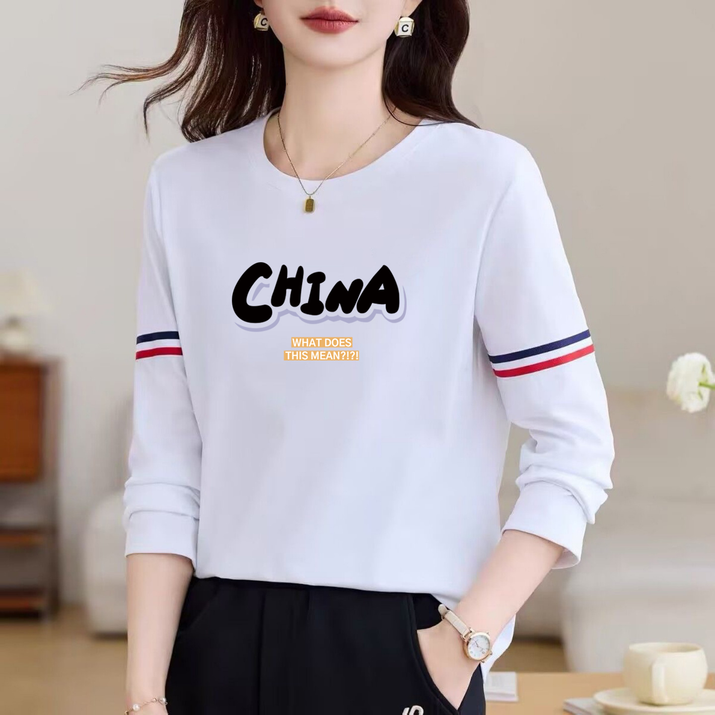 纯棉长袖T恤圆领印花打底衫上衣