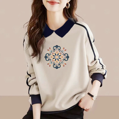 时尚拼色纯棉卫衣翻领打底衫上衣