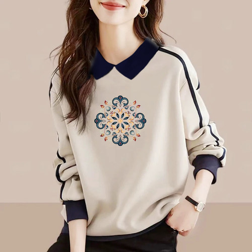 时尚拼色纯棉卫衣翻领打底衫上衣