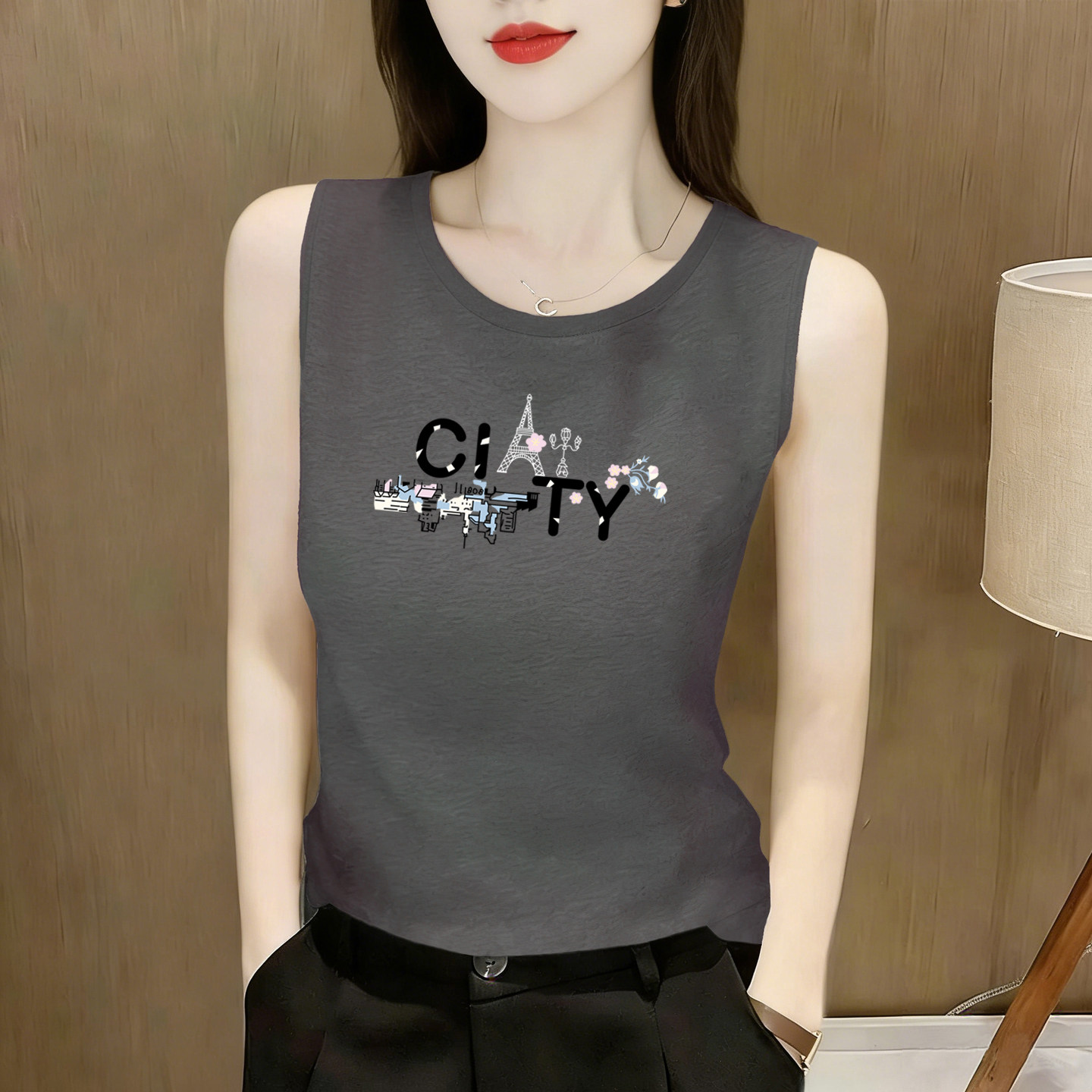 纯棉宽肩无袖遮副乳背心打底上衣