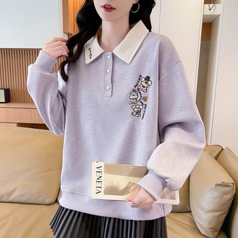 春秋季索罗娜POLO领撞色设计感卫衣女宽松百搭洋气刺绣打底衫上衣