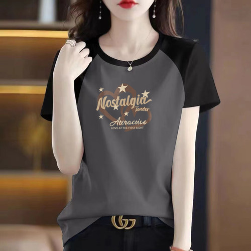 撞色纯棉短袖T恤宽松休闲上衣女