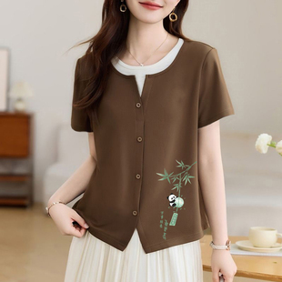 夏季新款洋气假两件上衣小衫女小众设计感纯棉短袖T恤半袖体恤衫