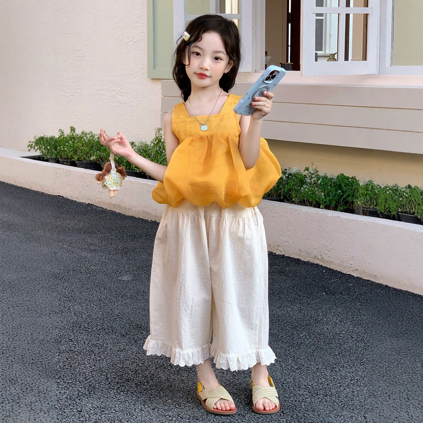 女童花苞娃娃衫套装新款儿童装韩版无袖背心百搭九分裤两件套洋气
