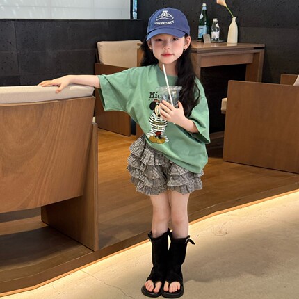 女童套装韩版新款夏季儿童洋气时髦短袖T恤上衣肖女孩格子蛋糕裙