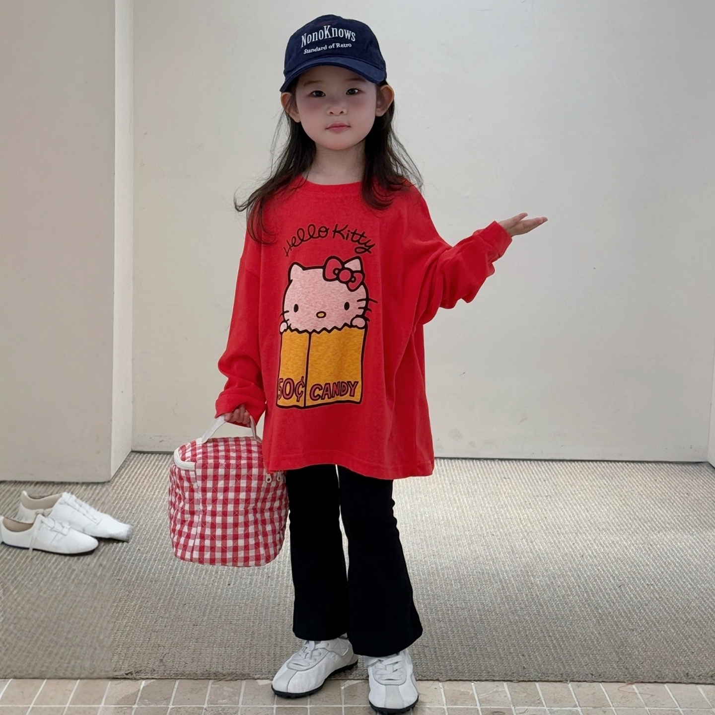 女童KT猫长袖T恤2025秋装新款儿童装中长款薄款t女宝宝修身喇叭裤