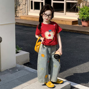 女童韩版卡通印花T恤牛仔裤套装春夏装新款儿童洋气百搭短袖上衣t