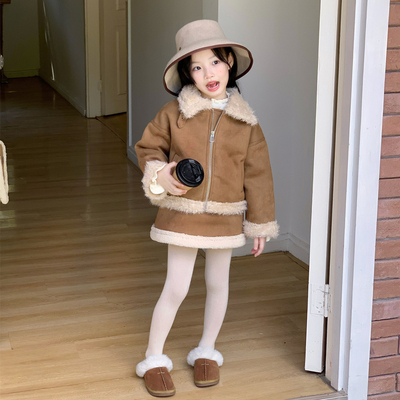 女童秋冬装麂皮半身裙套装