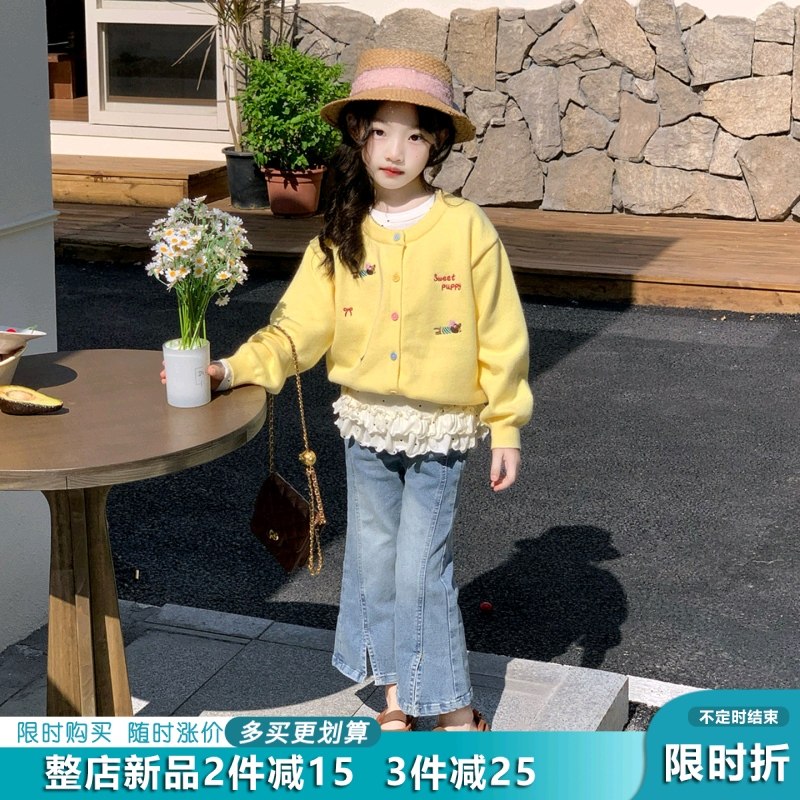 女童刺绣针织开衫套装2026春季新款儿童外搭毛衣外套女宝宝牛仔裤,童装/婴儿装/亲子装,套装,淘宝优惠券,粉丝福利购,淘宝优惠卷