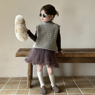 女童套装春秋韩范新款洋气时髦儿童装女孩宝宝毛线马甲纱裙三件套