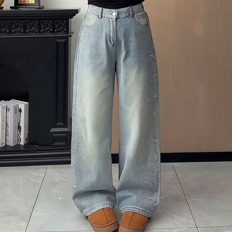 侧边烫钻高腰做旧牛仔弯刀阔腿裤胖mm2026春冬新宽松显瘦大码女装,女装/女士精品,大码裤装,淘宝优惠券,粉丝福利购,淘宝优惠卷