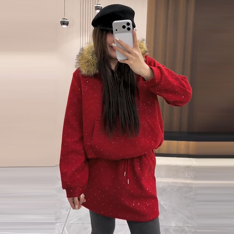 毛领连帽加棉外套半身裙保暖套装胖mm2025冬季款显瘦宽松大码女装,女装/女士精品,大码套装,淘宝优惠券,粉丝福利购,淘宝优惠卷