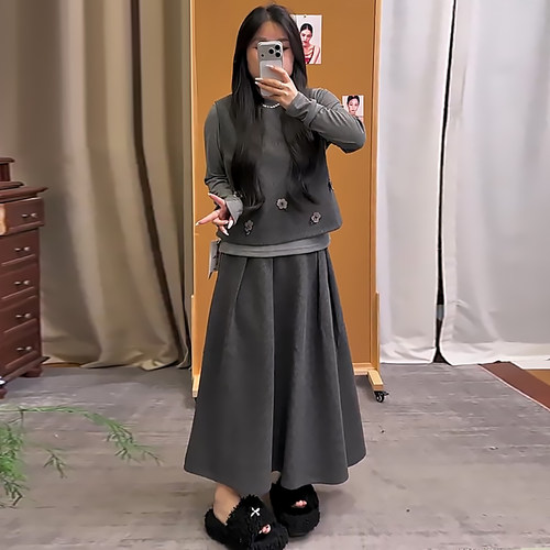 法式毛呢花朵马甲半身裙打底衫潮