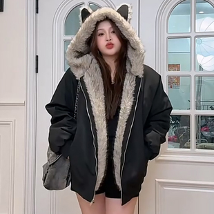 女装 美式 宽松大码 新款 毛毛狐狸耳朵减龄连帽棉服胖mm显瘦2025冬季