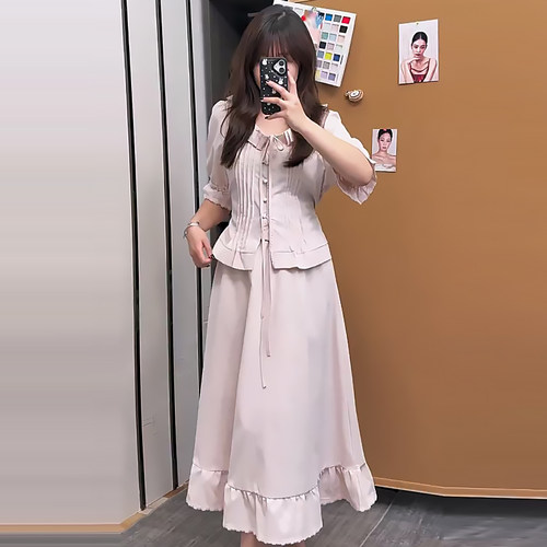 法式泡泡袖复古绑带上衣半身裙子
