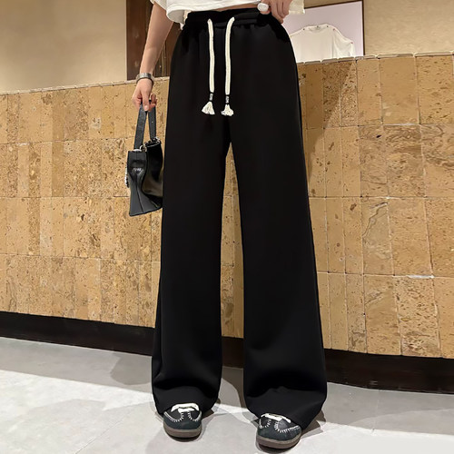 简约长裤抽绳高腰直筒裤休闲女裤