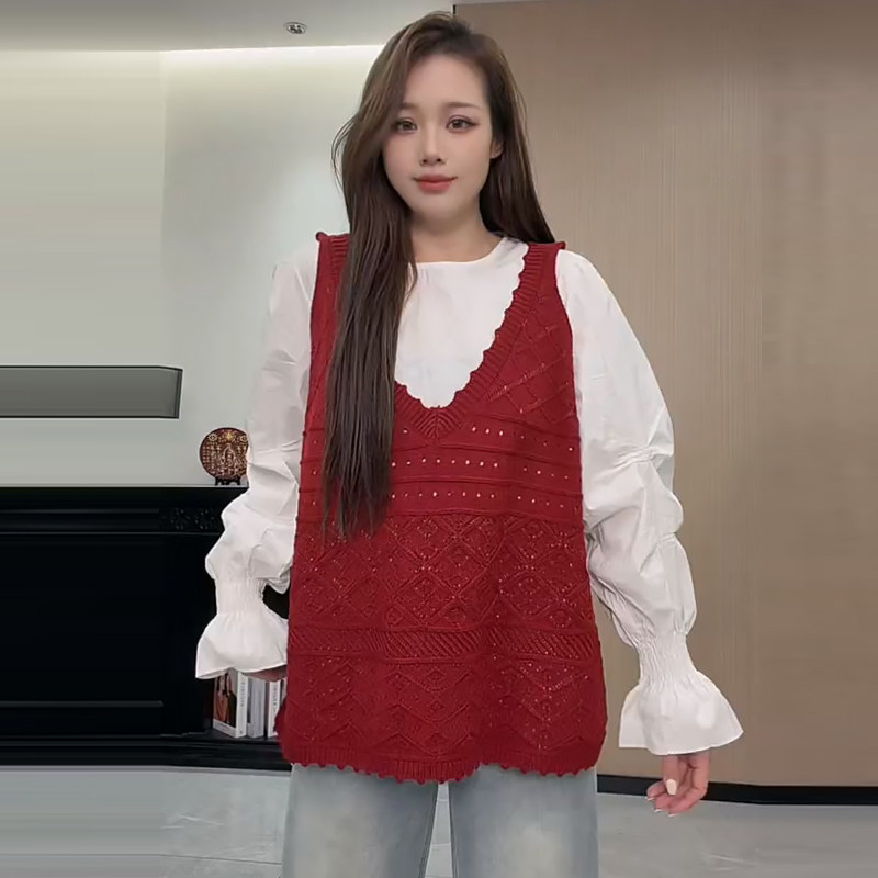 钩花镂空针织马甲背心长袖衬衫潮
