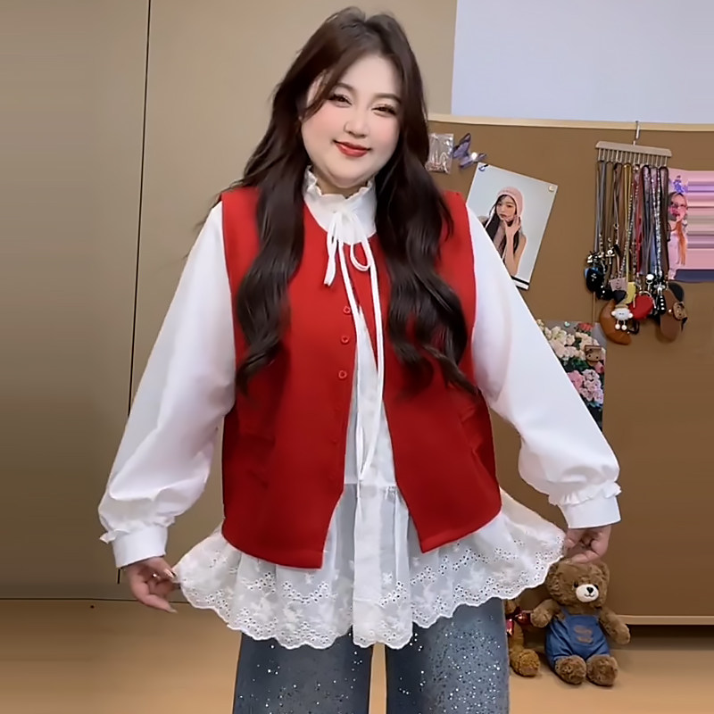 叠穿蕾丝边衬衫女遮肉毛呢马甲胖mm2026春冬新款显瘦宽松大码女装,女装/女士精品,大码套装,淘宝优惠券,粉丝福利购,淘宝优惠卷