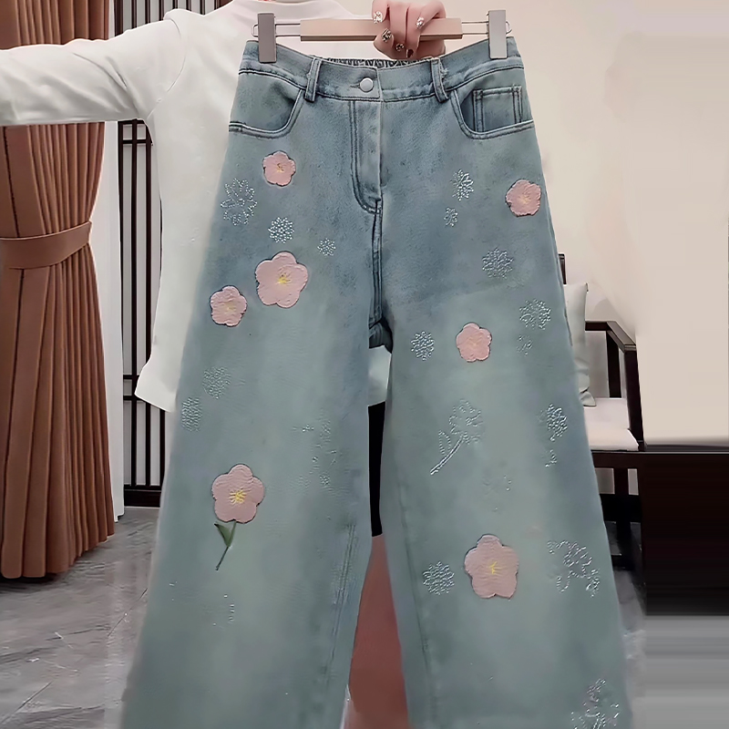 减龄花朵高腰休闲女裤牛仔裤大码