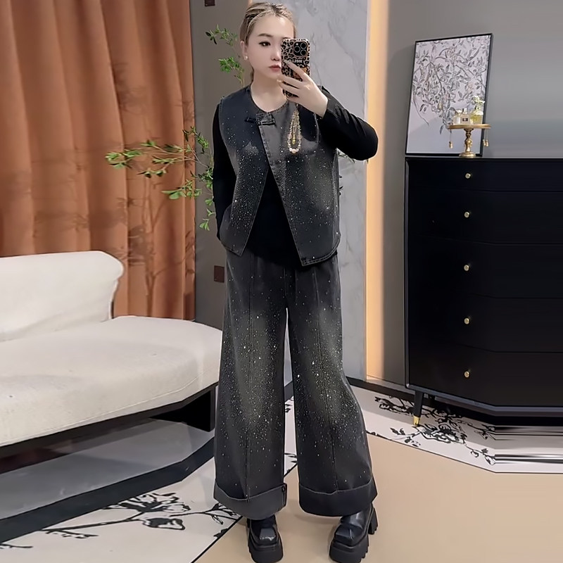 烫钻牛仔马甲挽边裤长袖打底衫胖mm2026春冬新款显瘦宽松大码女装,女装/女士精品,大码套装,淘宝优惠券,粉丝福利购,淘宝优惠卷