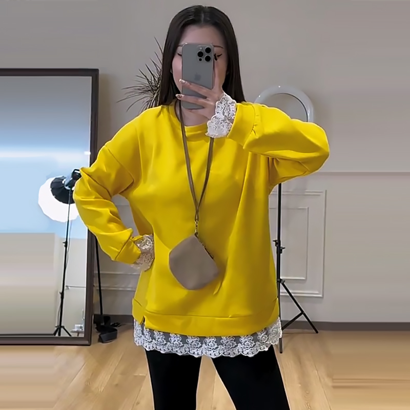 设计感蕾丝拼接加绒卫衣打底衫潮