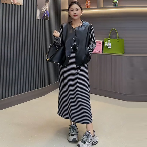 韩系条纹连衣裙PU皮马甲两件套潮
