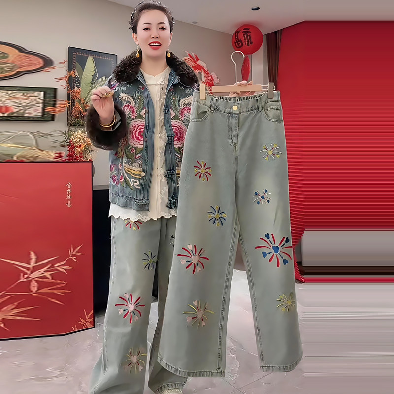 烟花刺绣牛仔阔腿裤休闲女裤子胖mm2026春冬新款宽松显瘦大码女装,女装/女士精品,大码裤装,淘宝优惠券,粉丝福利购,淘宝优惠卷