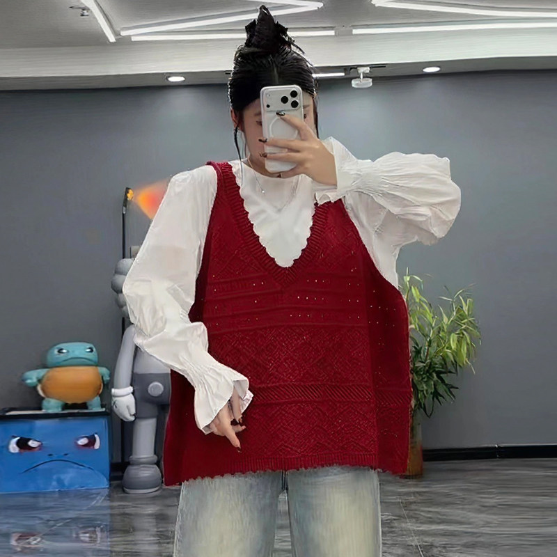 加肥宽松钩花镂空针织马甲衬衫套装胖mm2025冬季新款显瘦大码女装
