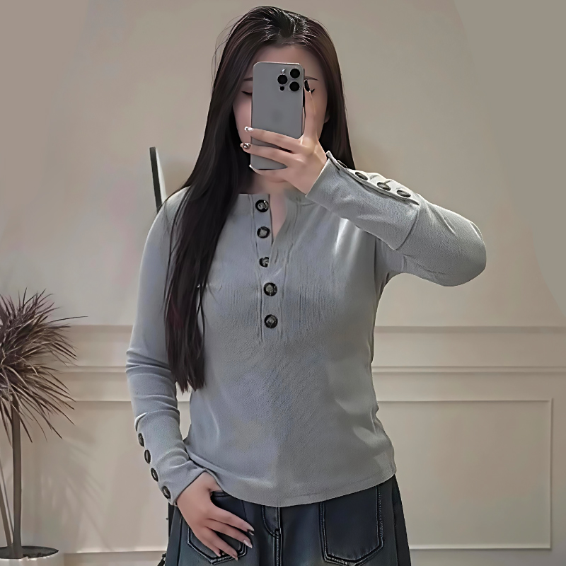 韩系辣妹半开领纽扣打底衫上衣潮