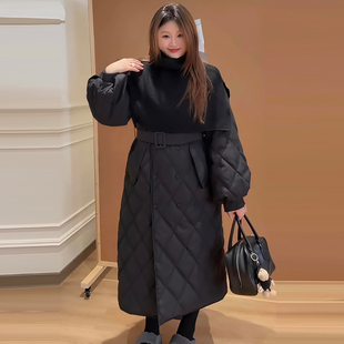 女装 显瘦宽松大码 新款 系带菱形格棉服外套女针织披肩胖mm2025冬季