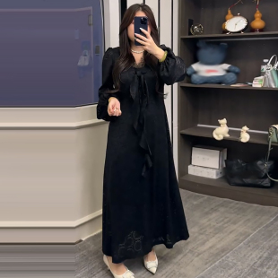 女装 新款 冬季 V领蕾丝系带蝴蝶结连衣裙子女胖mm2025显瘦宽松大码