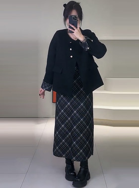 高腰格纹半身裙女加棉毛呢外套胖mm2024秋冬新款显瘦宽松大码女装