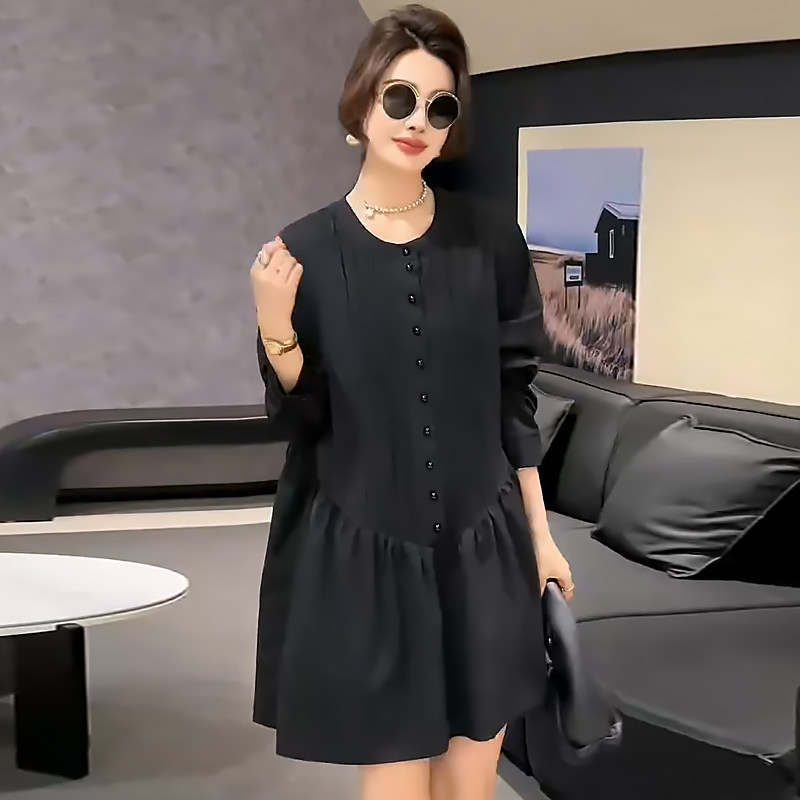 大码钉珠复古长袖女裙衬衫连衣裙