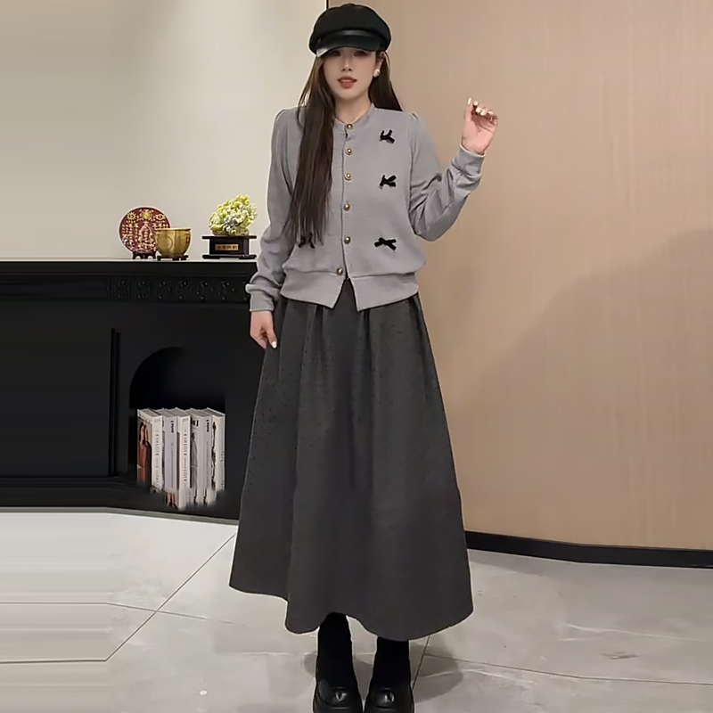 蝴蝶结上衣毛呢波点半身裙套装胖mm2025冬季新款显瘦宽松大码女装