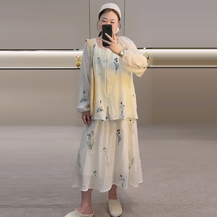 禅意刺绣上衣半身裙子两件套装胖mm2026夏季新款显瘦宽松大码女装