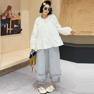 高腰半身裙女裤 女装 胖mm2026春季 显瘦宽松大码 新款 甜美系带领衬衫