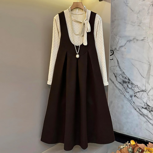 波点绑带长袖打底衫毛呢背带女裙