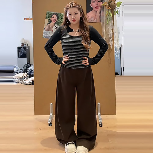 美式条纹上衣水洗牛仔直筒阔腿裤