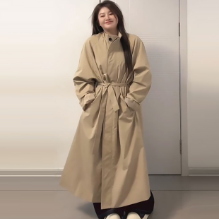 韩系立领中长款风衣女长袖外套胖mm2024显瘦新款宽松大码秋季女装