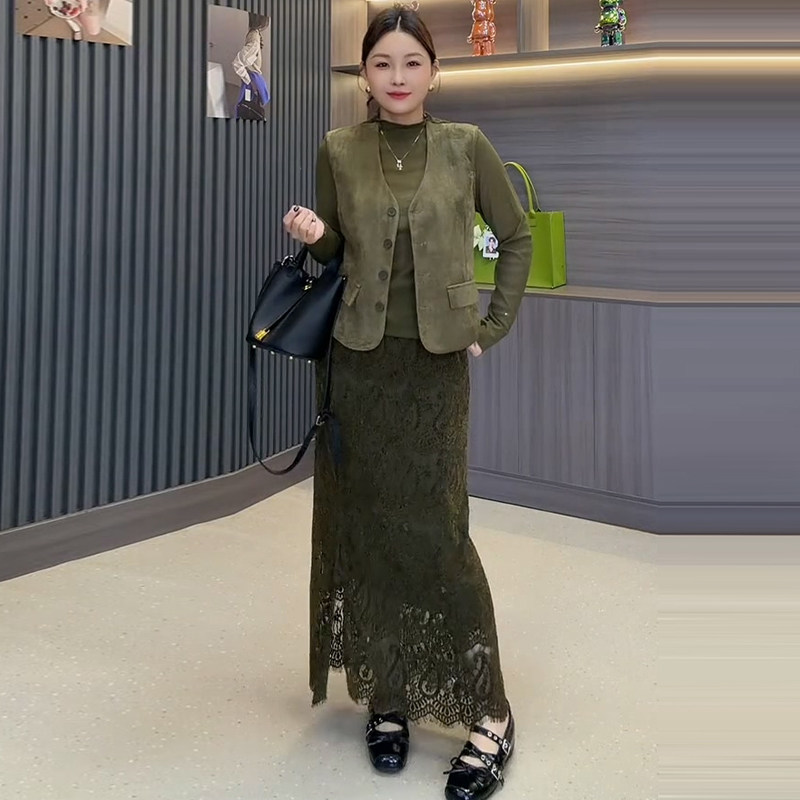 打底衫马甲蕾丝半身裙三件套装胖mm2026秋季新款显瘦宽松大码女装