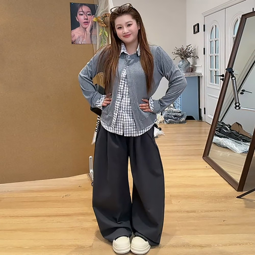 韩系甜美复古风假两件上衣阔腿裤