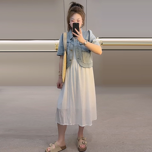 短袖牛仔外套吊带连衣裙两件套胖mm2026夏季新款显瘦宽松大码女装