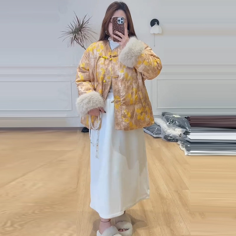 大码复古毛袖盘扣棉服高腰半身裙胖mm2025冬季新款显瘦宽松女装潮,女装/女士精品,大码套装,淘宝优惠券,粉丝福利购,淘宝优惠卷