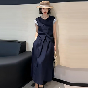 拼蕾丝袖大码上衣高腰半身裙子套装胖mm2026夏季新款显瘦宽松女装