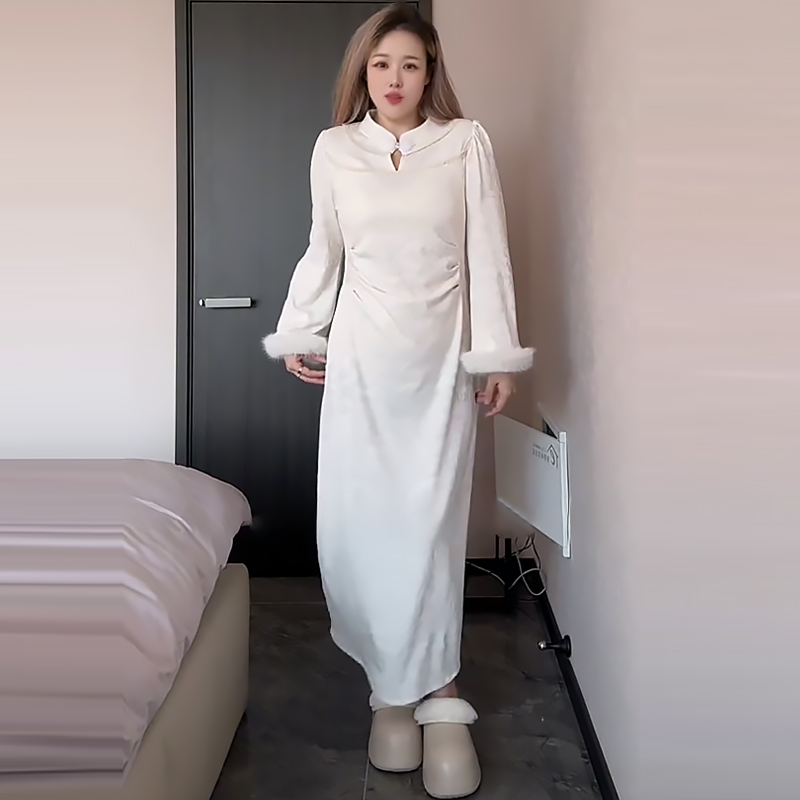 新中式提花绒改良旗袍连衣裙女潮