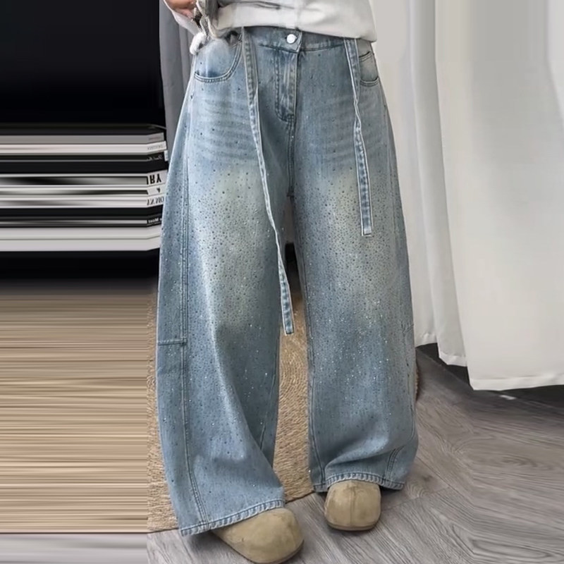 美式复古设计感闪钻加绒牛仔裤子