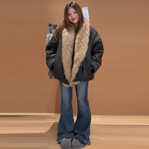 复古大毛领棉服派克服外套牛仔裤