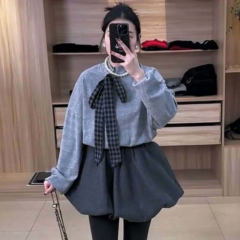 小香风系带上衣女毛呢蓬蓬短裙胖mm2026春冬新款显瘦宽松大码女装,女装/女士精品,大码套装,淘宝优惠券,粉丝福利购,淘宝优惠卷