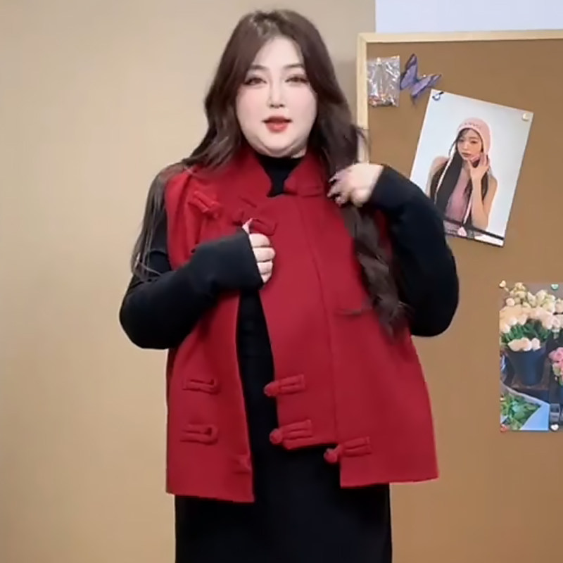 新中式复古盘扣毛呢马甲打底衫胖mm2026春冬新款显瘦宽松大码女装,女装/女士精品,大码套装,淘宝优惠券,粉丝福利购,淘宝优惠卷