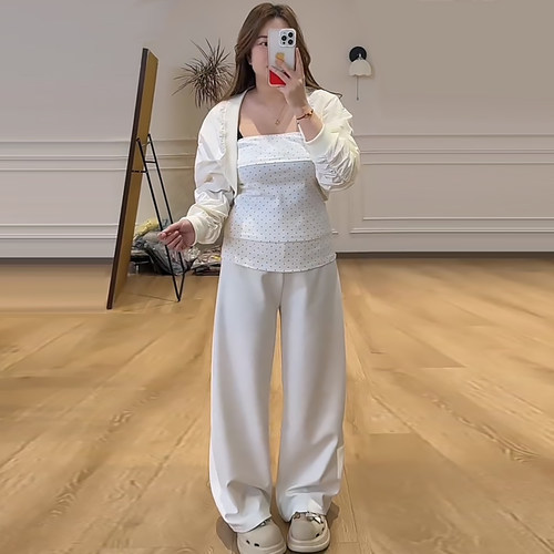 波点抹胸外披屁帘裤子三件套装潮